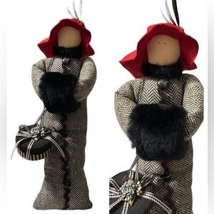 RED Hat Lady Vintage Cloth Doll with Muff and Hat Box with Hanger